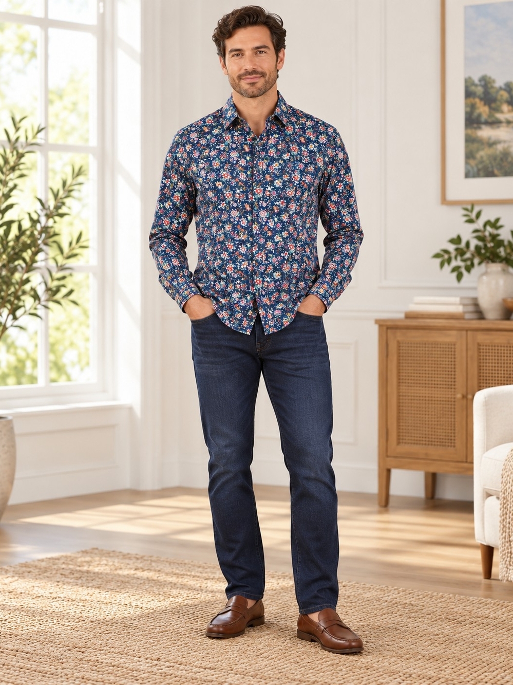 Express Men's Navy Floral Long-Sleeve Button-Up Shirt Size S Slim Fit